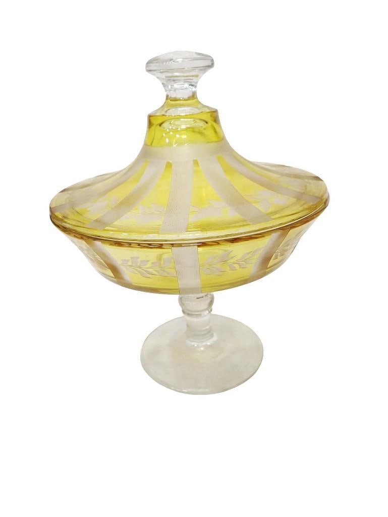 Vintage Yellow Cut to Clear Glass Covered Candy Dish with Pedestal Base (1 of 5)