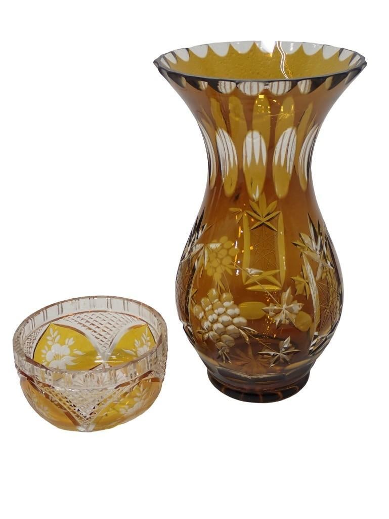 Vintage Cut to Clear Glass Small Bowl and Large Vase.  Bowl is Yellow and Vase is Amber (1 of 7)