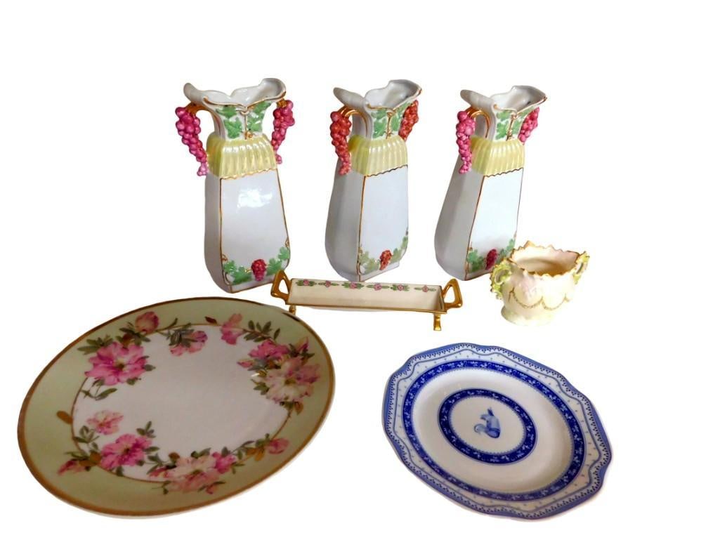 Antique Porcelain incl 3 German Porcelain Cruets - No stoppers, an Olive Tray, 2 Plates, Etc (1 of 3)