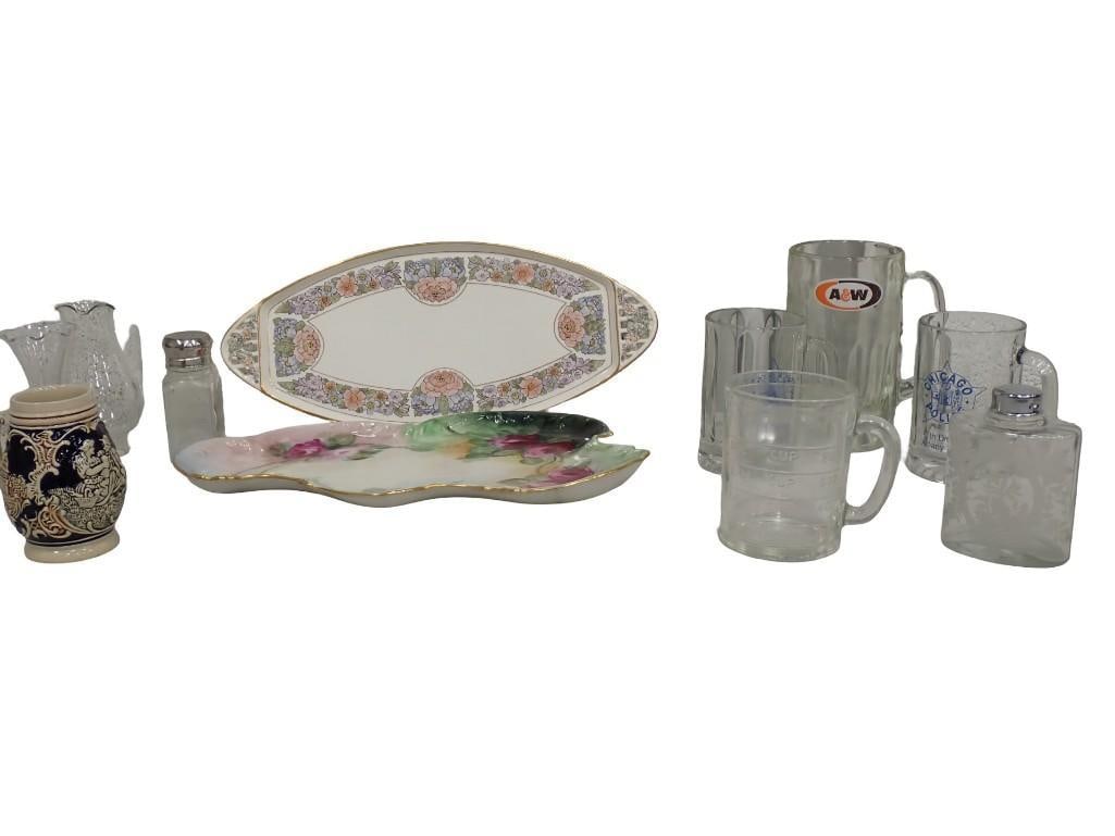 Antique Porcelain Plates, Glass Mugs incl A&W and Chicago Police, Etc: Antique Porcelain Plates, Glass Mugs incl A&W and Chicago Police, Etc All pictures are considered part of the description and should be examined carefully by bidders. Live Auctioneers is now off