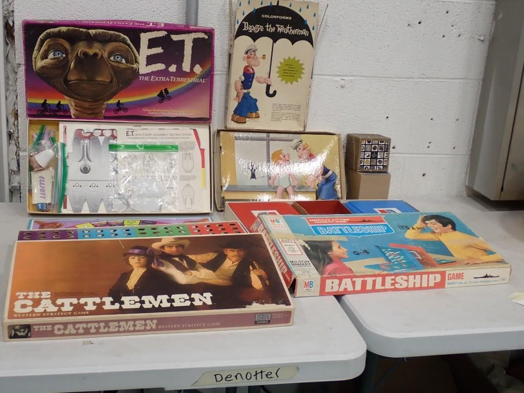 Lot of Vintage Games incl ET The Extra Terrestrial, Popeye the Weatherman, The Cattlemen, Battleship: Lot of Vintage Games incl ET The Extra Terrestrial, Popeye the Weatherman, The Cattlemen, Battleship, Etc. Condition: unchecked for completeness All pictures are considered part of the de