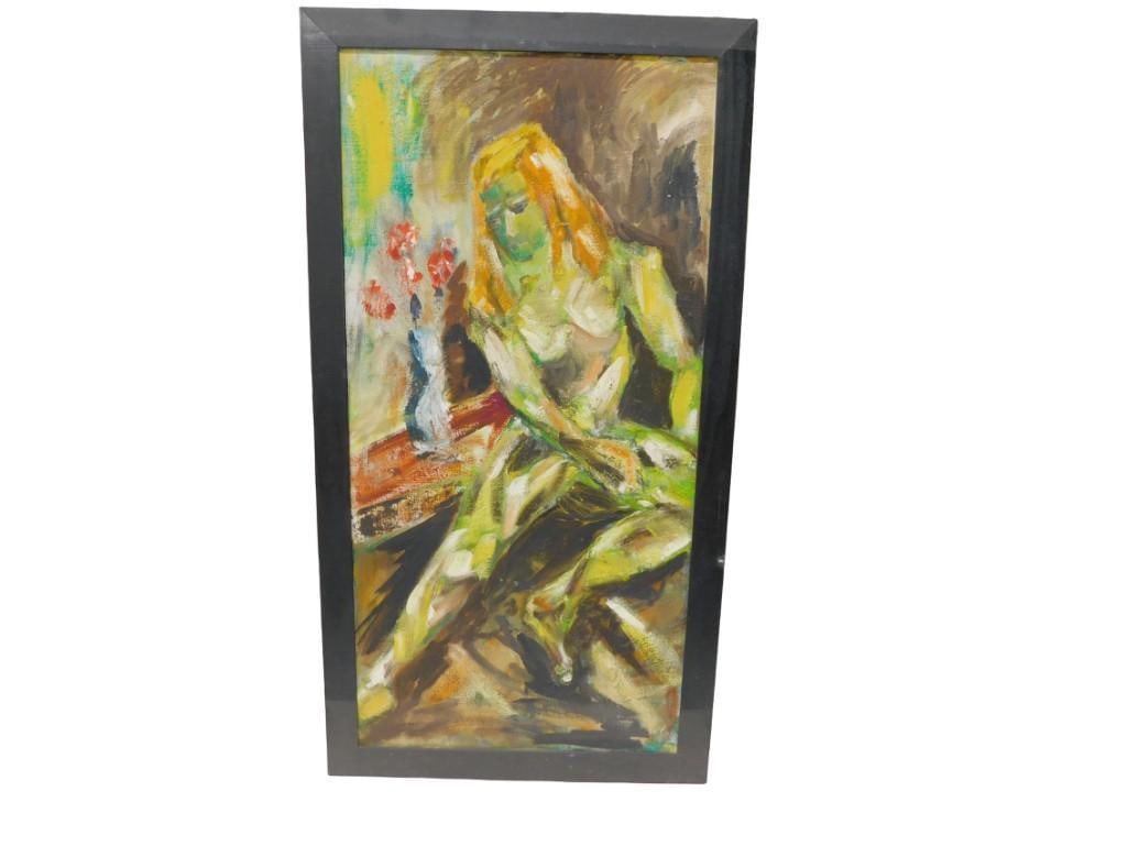 Framed Abstract Painting of a Woman with flower vase - Measures roughly 44x23": Framed Abstract Painting of a Woman with flower vase - Measures roughly 44x23" All pictures are considered part of the description and should be examined carefully by bidders. Live Auctioneers is