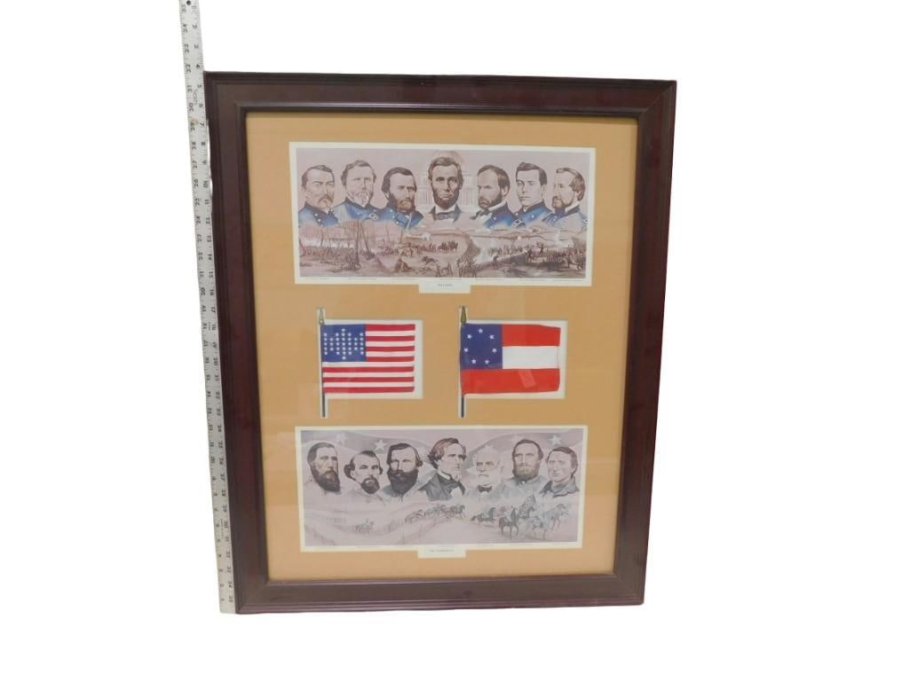 Framed Print of the Civil War with Union and Confederate Flags, Generals, etc. - Measures roughly 26 (1 of 8)