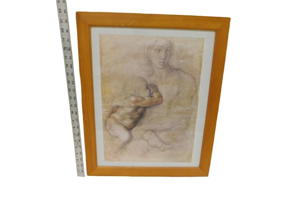 Framed Michelangelo Print "Mother and Bambino" Measures roughly 18x22": Framed Michelangelo Print "Mother and Bambino" Measures roughly 18x22" :All pictures are considered part of the description and should be examined carefully by bidders. Live Auctionee