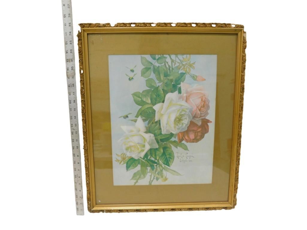 Framed Paul De Longpre Floral Print - Roses and Bees - measures roughly 20x25" (1 of 12)