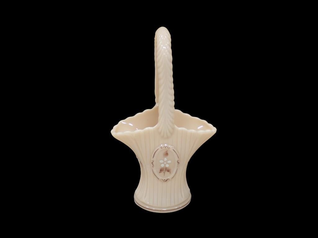 Vintage Westmoreland Beaded Bouquet on Almond Glass Basket: Vintage Westmoreland Beaded Bouquet on Almond Glass Basket All pictures are considered part of the description and should be examined carefully by bidders. Live Auctioneers is now offering Live Ship