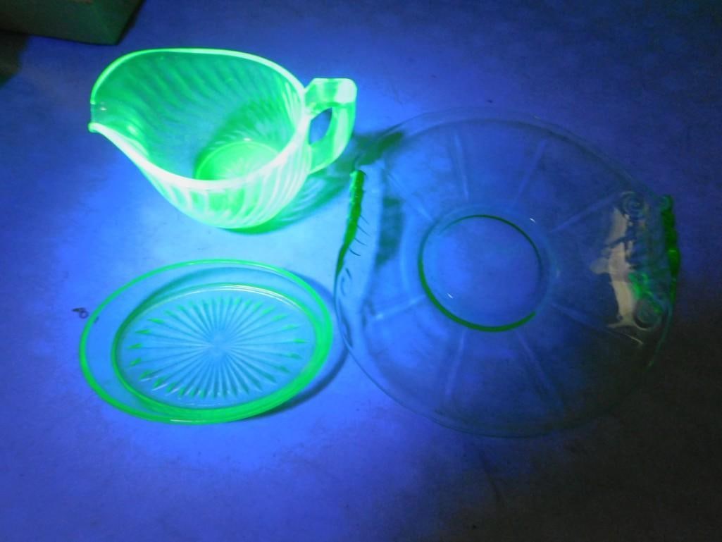 3 Uranium Glass Items incl Trinket Dish, Creamer, Plate with Curved Sides Green Depression Glass (1 of 7)