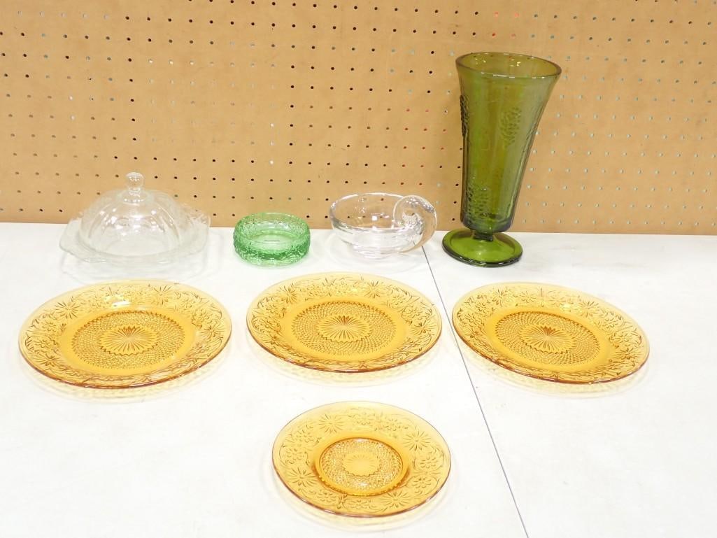 Glass Lot incl Tiara Indiana Glass Plates, Green Glass Trinket Dish, Clear Butter or Cheese Dish, (1 of 9)