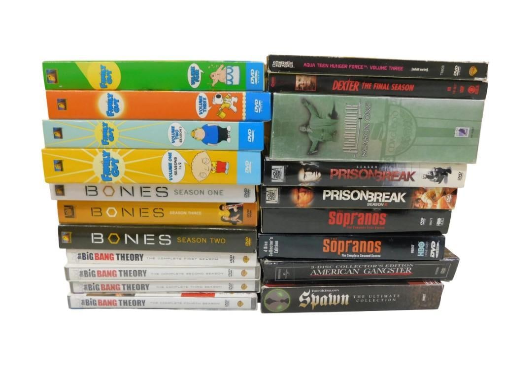 Assorted TV Series DVDs including Family Guy, Bones, Big Bang Theory, Dexter, ATHF, Prison Break: Assorted TV Series DVDs including Family Guy, Bones, Big Bang Theory, Dexter, Aqua Teen Hunger Force, Prison Break, Sopranos, Spawn, American Gangster, etc. All pictures are considered part of the des