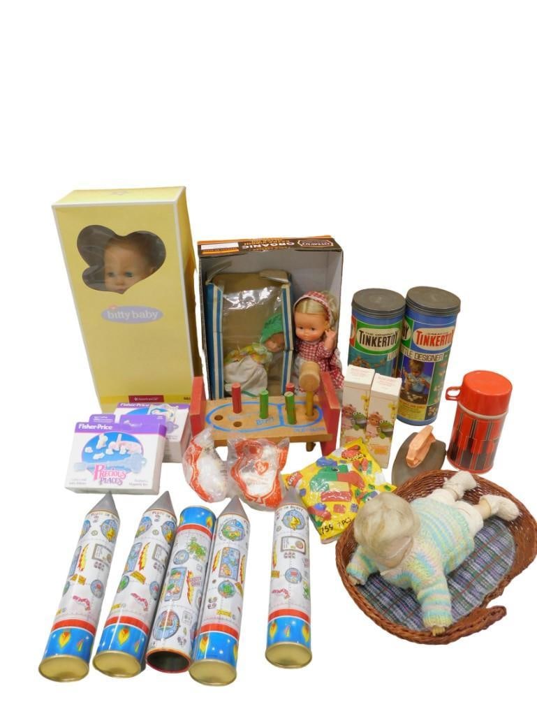Toy Lot including Vintage, Tinkertoy, Fisher Price, Dolls, Lego Duplo, Muppet Babies, American Girl: Toy Lot including Vintage, Tinkertoy, Fisher Price, Dolls, Lego Duplo, Muppet Babies, American Girl, etc. All pictures are considered part of the description and should be examined carefully by bidder