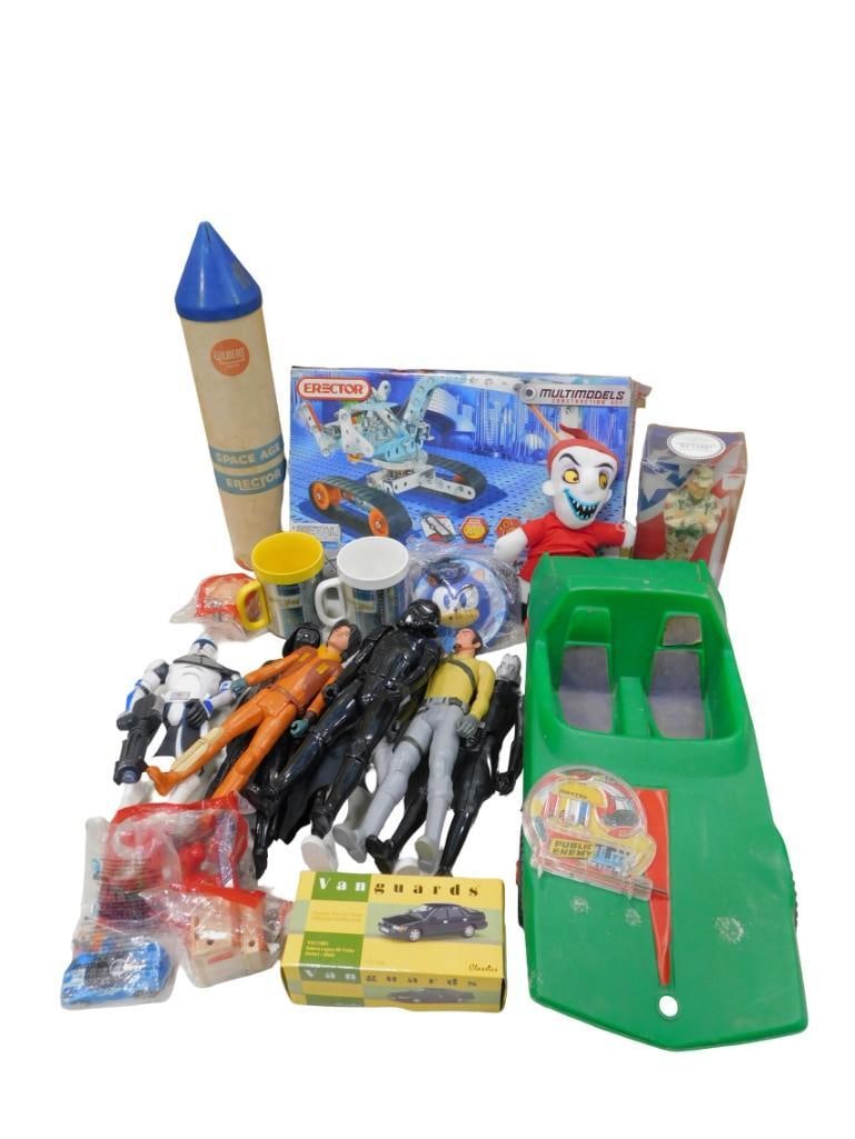 Toy Lot including Gilbert Erector, Action Figures, Sonic, Cars, Barbie Mego Sports Car, etc.: Toy Lot including Gilbert Erector, Action Figures, Sonic, Cars, Barbie Mego Sports Car, etc. All pictures are considered part of the description and should be examined carefully by bidders. Live Aucti