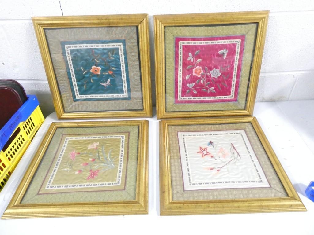Set of Four Framed Asian Style Quilts - each one is roughly 14x14": Set of Four Framed Asian Style Quilts - each one is roughly 14x14"