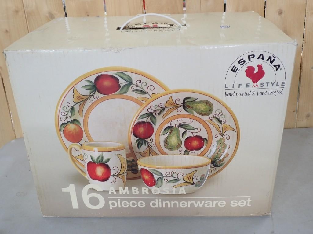 16 Piece Ambrosia Dinnerware Set - New in Box. Espana Life Style: 16 Piece Ambrosia Dinnerware Set - New in Box. Espana Life Style All pictures are considered part of the description and should be examined carefully by bidders. Live Auctioneers is now offering Liv