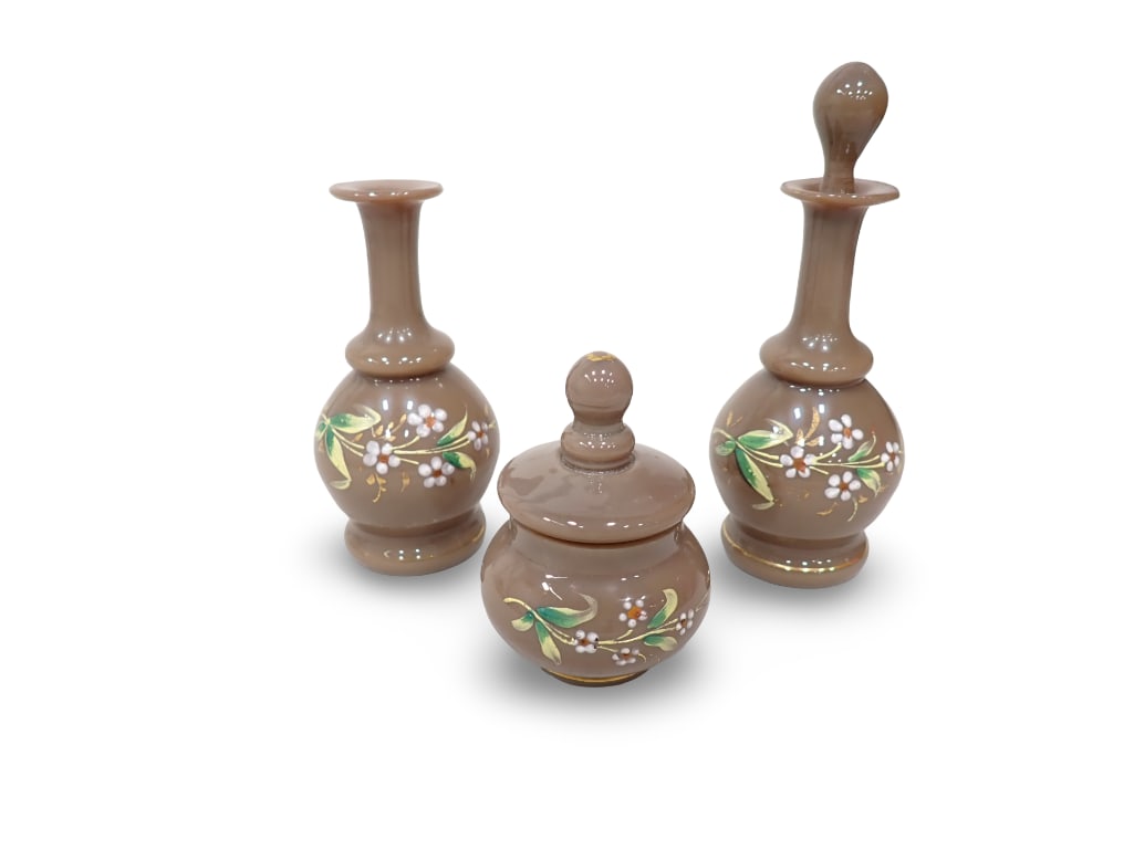 Set of 3 Vintage Miniature Tan or Brown Glass Vases with Hand Painted Floral Design: Set of 3 Vintage Miniature Tan or Brown Glass Vases with Hand Painted Floral Design All pictures are considered part of the description and should be examined carefully by bidders. Live Auctioneers