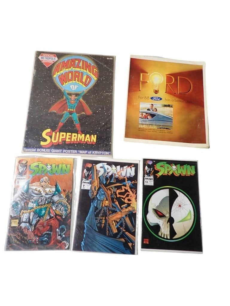 Vintage Superman Large Format Comic Book, Spawn Issues 6, 7 and 12 and a 1968 Ford Point of Sale (1 of 11)