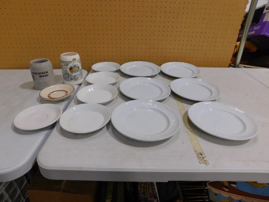 Assorted Plates and Beer Steins including Ironstone, Wedgwood, E&A, etc.: Assorted Plates and Beer Steins including Ironstone, Wedgwood, E&A, etc. All pictures are considered part of the description and should be examined carefully by bidders. Live Auctioneers is now of