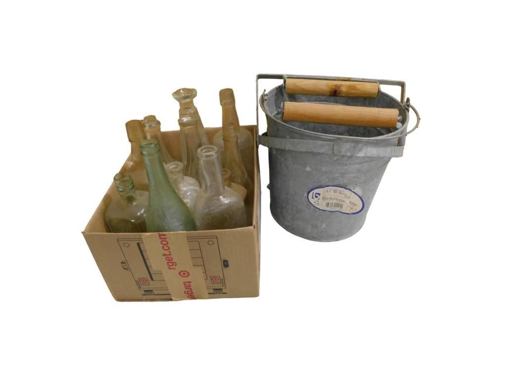 Galvanized Mop Bucket with ringer and Antique or Vintage Glass Bottles (1 of 9)