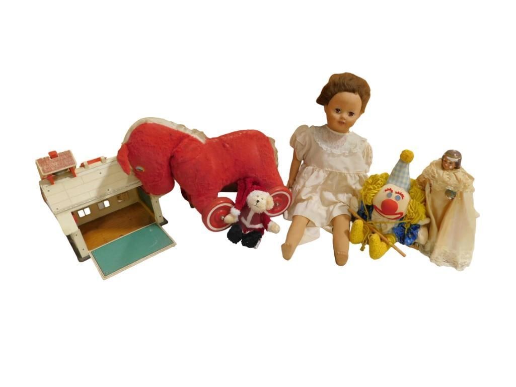 Vintage Toy Lot including Dolls, Fisher Price Little People School, Clown, Plush Pull along Horse, (1 of 6)