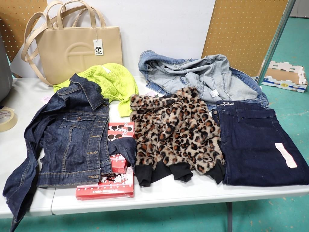 Clothes Lot, etc. Including 2 Jean Jackets, pants, Sweater, Leopard Print, Purse, Walt Disney Socks (1 of 14)