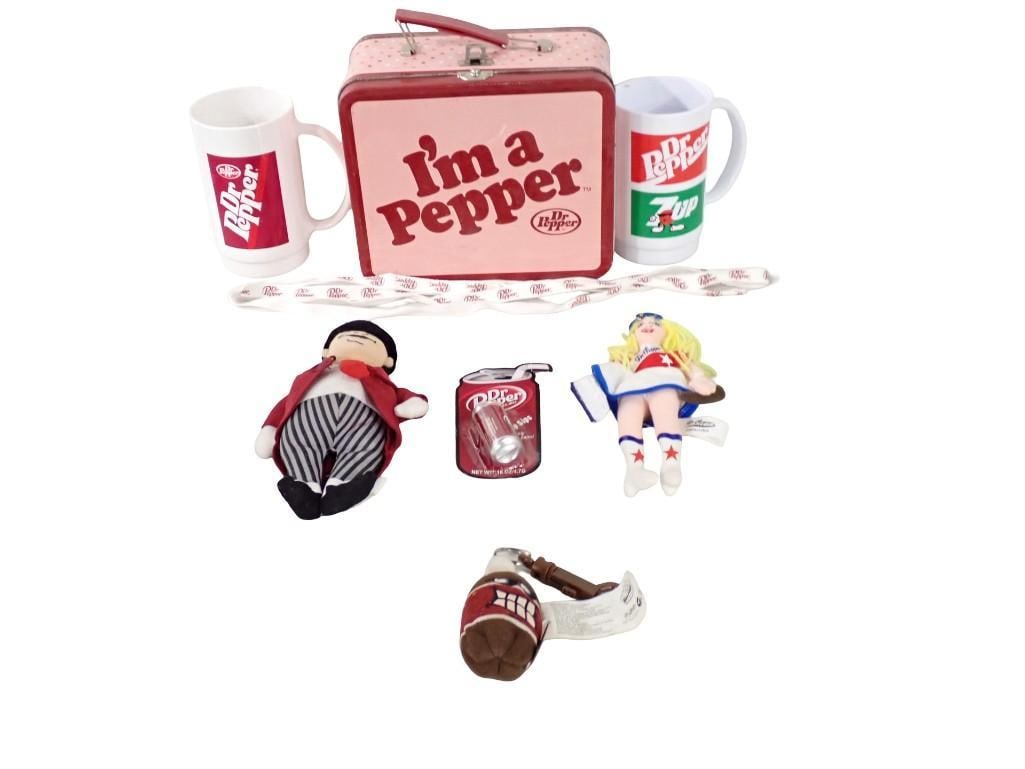 Lot of Dr Pepper Collectibles incl Metal Lunchbox, Mugs, Dolls, Etc: Lot of Dr Pepper Collectibles incl Metal Lunchbox, Mugs, Dolls, Etc All pictures are considered part of the description and should be examined carefully by bidders. Live Auctioneers is now offering