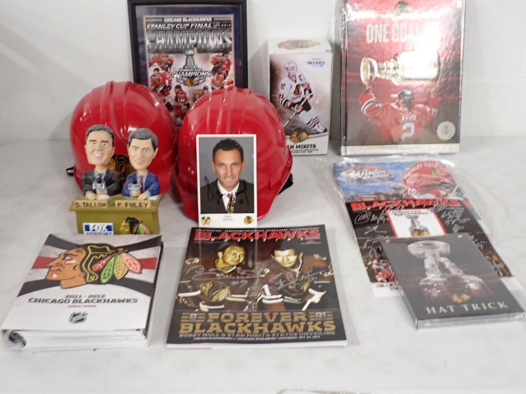 Hockey Lot including Blackhawks Construction Helmets, Books, Bobble heads, Programs, etc (1 of 7)