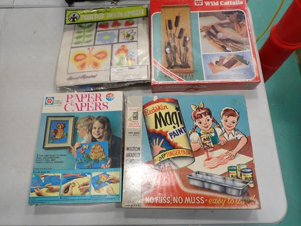 Vintage Crafting Lot including Paper Capers, Painted Needlepoint, Redskin Magic Paint, Wild Cattails: Vintage Crafting Lot including Paper Capers, Painted Needlepoint, Redskin Magic Paint, Wild Cattails Wall Hanging Kit - Comes with everything as shown All pictures are considered part of the des
