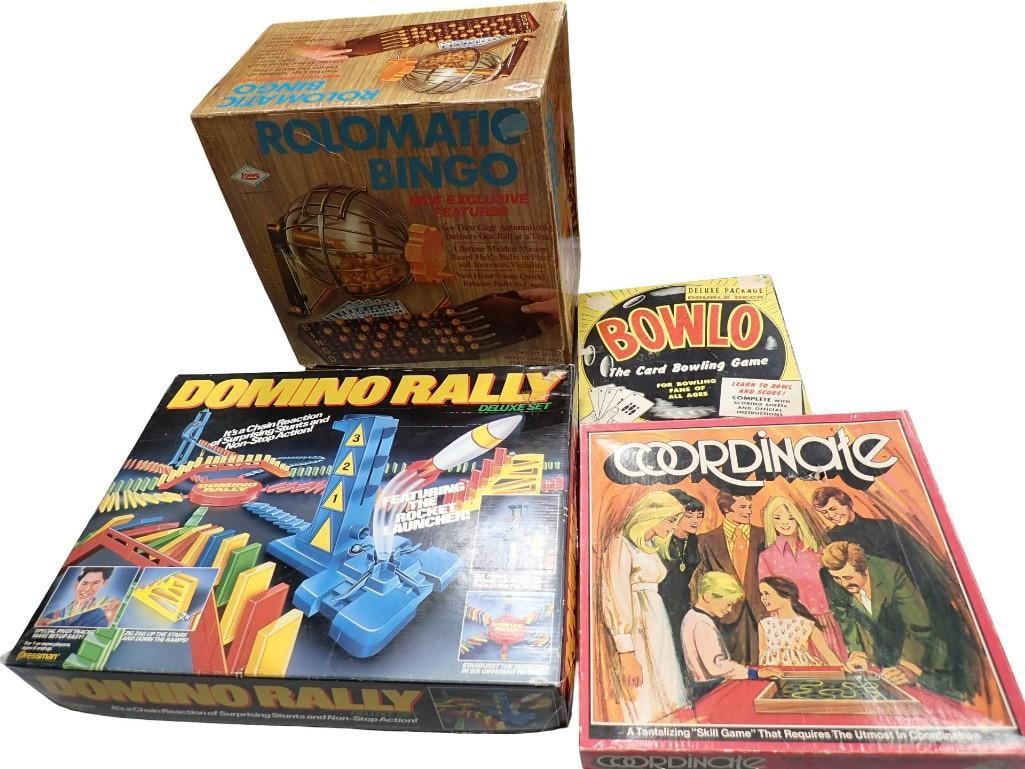 Vintage Game Lot including Domino Rally, Rolomatic Bing, Bowlo Card Game, Coordinate: Vintage Game Lot including Domino Rally, Rolomatic Bing, Bowlo Card Game, Coordinate All pictures are considered part of the description and should be examined carefully by bidders. Live Auctioneers i