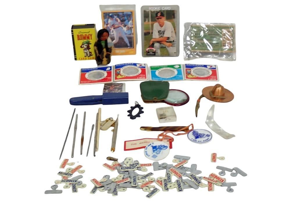 Smalls Lot incl Vtg Skookum Doll, 1960 John F Kennedy Presidential Campaign Tabs, Super Golden Crisp (1 of 6)