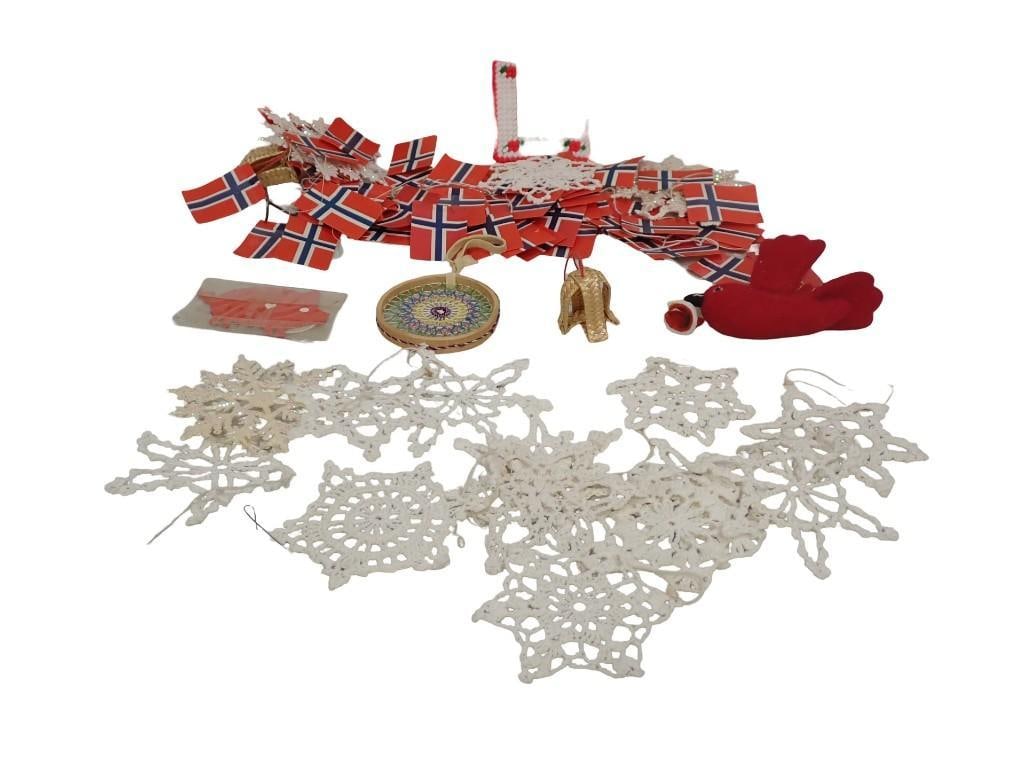 Smalls incl Crocheted Snowflake Ornaments, Small Norwegian Flags, Handmade Items, Etc: Smalls incl Crocheted Snowflake Ornaments, Small Norwegian Flags, Handmade Items, Etc All pictures are considered part of the description and should be examined carefully by bidders. Live