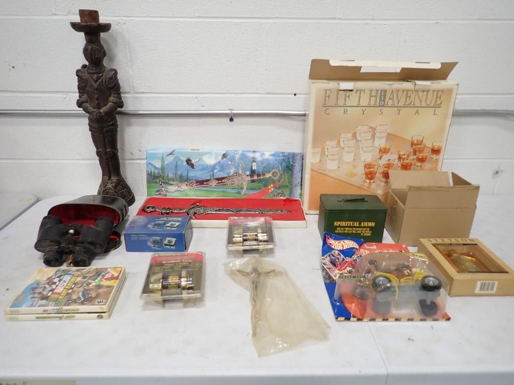 Collectibles incl Dagger, Wii Games, Hot Wheels ATV Toy, Binoculars, Carved Wood Figure,: Collectibles incl Dagger, Wii Games, Hot Wheels ATV Toy, Binoculars, Carved Wood Figure, Hardware, Crystal Shot Glasses, Spiritual Ammo Religious Items, Stetson Collector's Edition Cologne,
