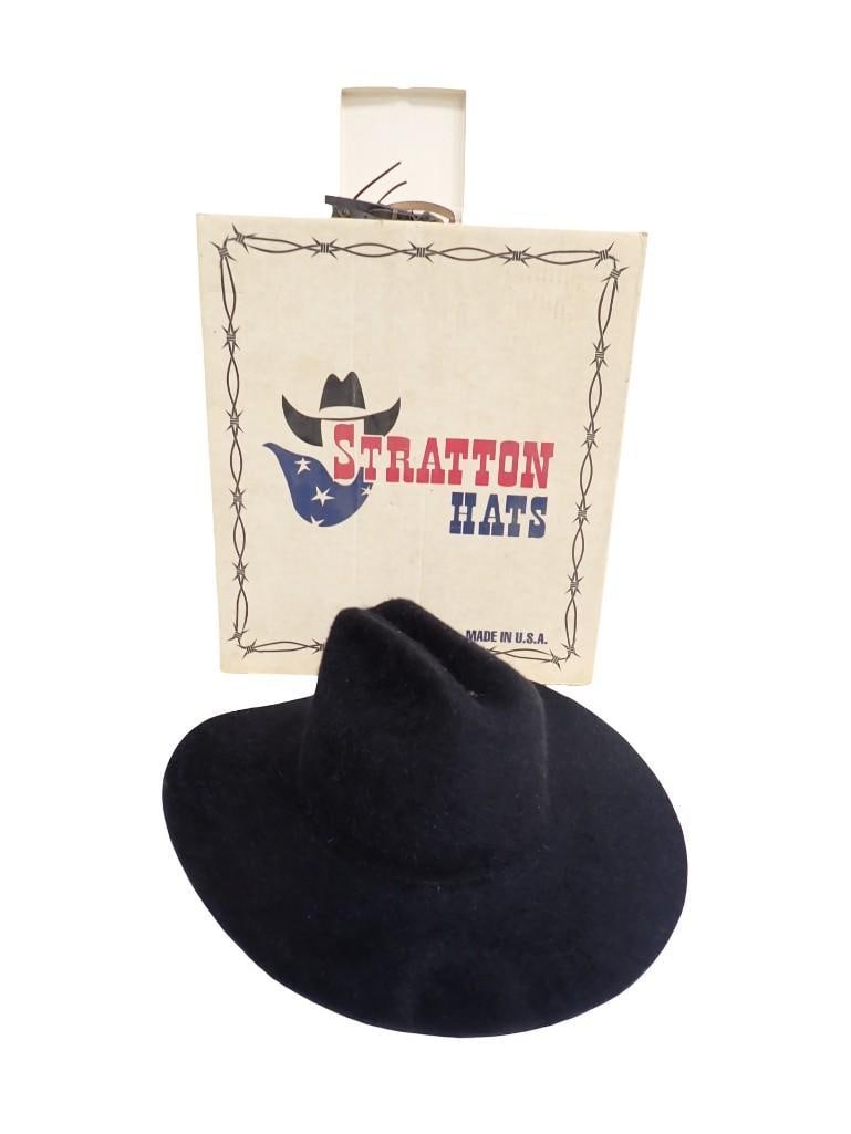 Stratton Black Cowboy Hat Western Style in Original Box: Black Stratton Cowboy Hat Western Style in Original Box All pictures are considered part of the description and should be examined carefully by bidders. Live Auctioneers is now offering