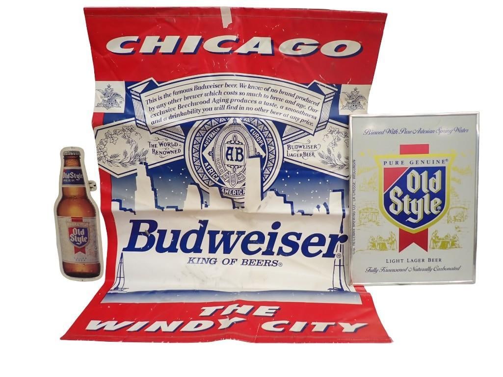 3 Bar Advertising Items incl Metal Old Style Beer Bottle Shaped Sign, Old Style Framed Sign,: 3 Bar Advertising Items incl Metal Old Style Beer Bottle Shaped Sign, Old Style Framed Sign, Chicago the Windy City Budweiser King of Beers Banner All pictures are considered part of the description