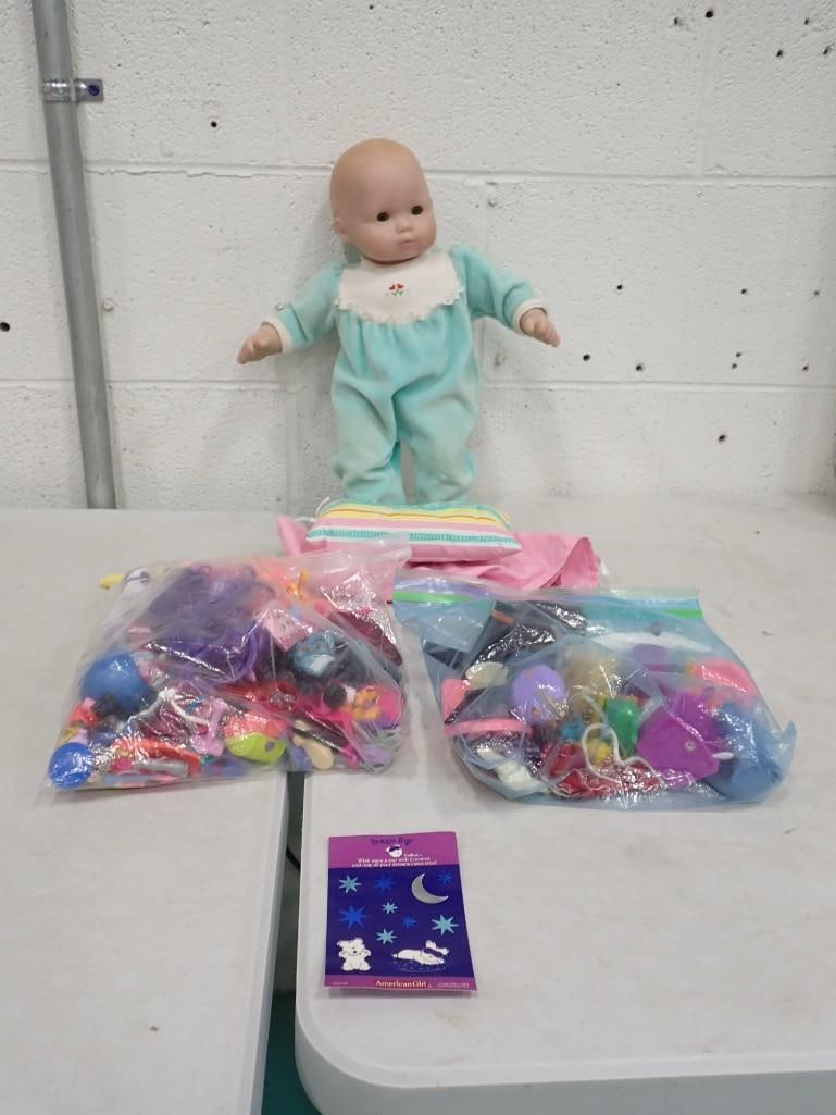 American Girl Doll Bitty Baby Pleasant Company in Original Aqua Sleeper with Doll Accessories: American Girl Doll Bitty Baby Pleasant Company in Original Aqua Sleeper with Doll Accessories and American Girl Dream Big Sticker Sheet All pictures are considered part of the description and should