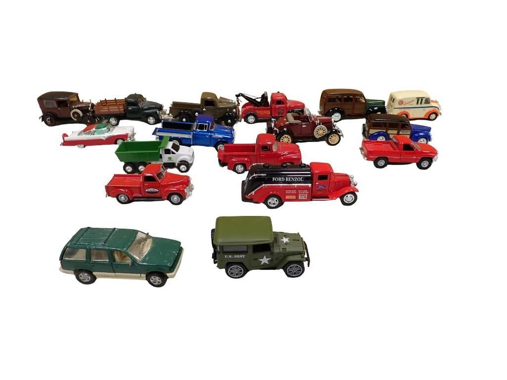 Lot of Toy and Model VEhicles, Trucks, Cars incl Ford Benzoil Truck, John Deere Dump Truck, Etc (1 of 8)