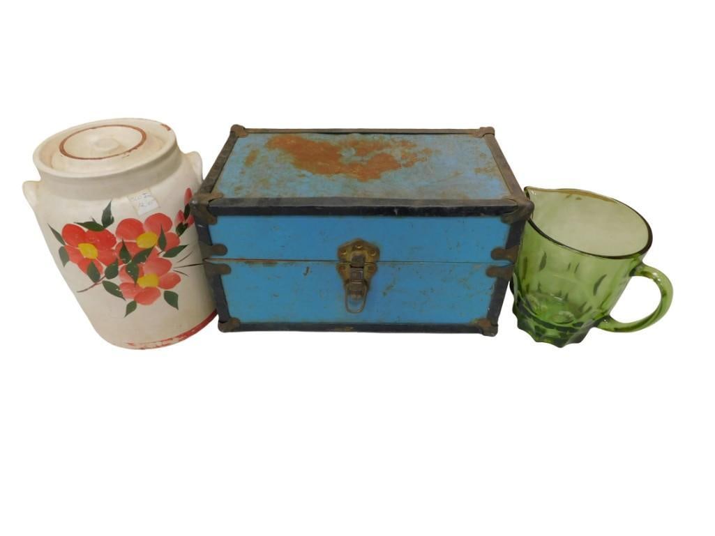 Vintage Lot including Blue Doll Case, Green Glass Pitcher, Ceramic Jar with Flower Design: Vintage Lot including Blue Doll Case, Green Glass Pitcher, Ceramic Jar with Flower Design All pictures are considered part of the description and should be examined carefully by bidders. Live Auctione