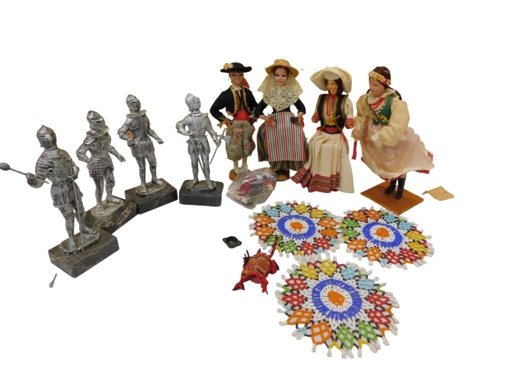 Lot of Action Lobeco Knight Figurines, World Dolls, Zulu Beaded Coasters, etc: Lot of Action Lobeco Knight Figurines, World Dolls, Zulu Beaded Coasters, etc All pictures are considered part of the description and should be examined carefully by bidders. Live Auctioneers is now o