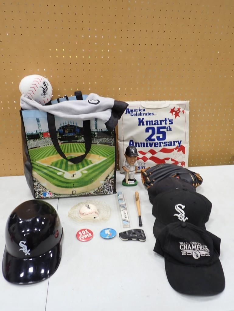Chicago White Sox Lot including Hats, Helmet, Buttons, Bag, Bobble Head, etc.: Chicago White Sox Lot including Hats, Helmet, Buttons, Bag, Bobble Head, etc. All pictures are considered part of the description and should be examined carefully by bidders. Live Auctioneers is now