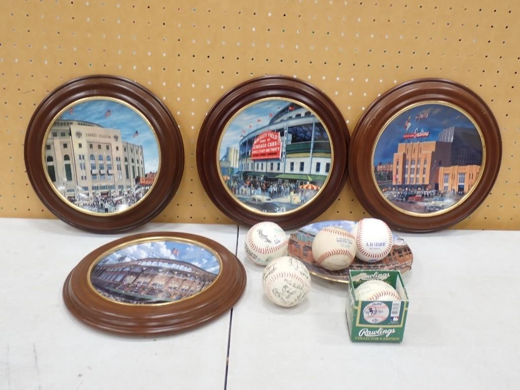 Sports Lot including Collectible Baseballs, Collector Plates with Wooden Frames: Sports Lot including Collectible Baseballs, Collector Plates with Wooden Frames including Wrigley Field, Yankee Stadium, Comisky Park (no frame), etc. Autographs are printed on. All pictures are