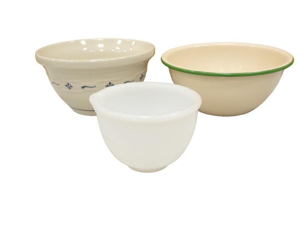 3 Vintage Mixing or Serving Bowls incl Enamelware Bowl, Stoneware Bowl, Milk Glass Bowl: 3 Vintage Mixing or Serving Bowls incl Enamelware Bowl, Stoneware Bowl, Milk Glass Bowl All pictures are considered part of the description and should be examined carefully by bidders. Live Auctione