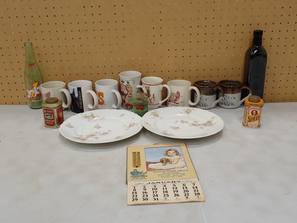 Misc incl 1961 Advertising Calendar with Thermometer, Vienna Austria Plates, Mugs and Cups incl Ston: Misc incl 1961 Advertising Calendar with Thermometer, Vienna Austria Plates, Mugs and Cups incl Stoneware, Ceramic, etc, Bottles, Tins All pictures are considered part of the description and