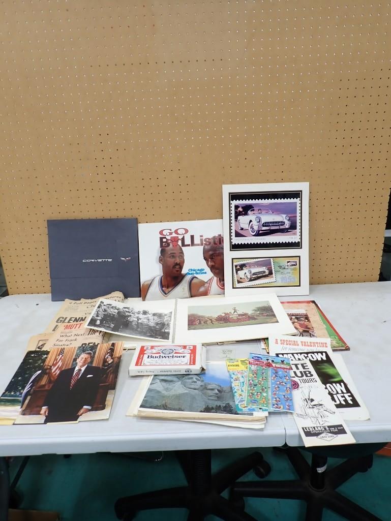 Misc. Ephemera Lot including Old Newspapers, Reagan Picture, Walt Disney Stickers, Budweiser Jumbo (1 of 9)