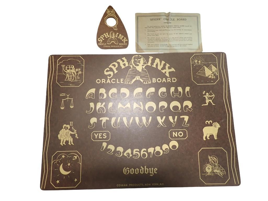 Vintage Sphinx Oracle Board Game: Vintage Sphinx Oracle Board Game The Pointer is missing a peg. The Board Measures roughly 16x22" All pictures are considered part of the description and should be examined carefully by