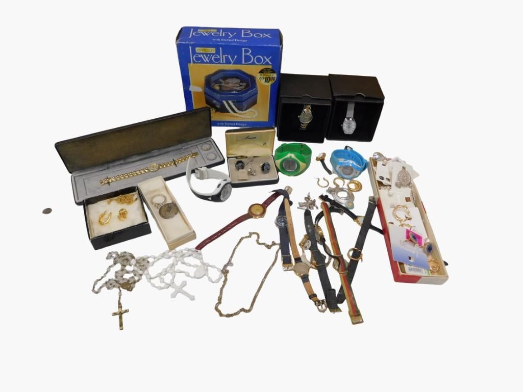 Lot of Costume Jewelry, Watches, Rosary Beads, Earrings, etc: Lot of Costume Jewelry, Watches, Rosary Beads, Earrings, etc Condition: watches are untested All pictures are considered part of the description and should be examined carefully by bidder