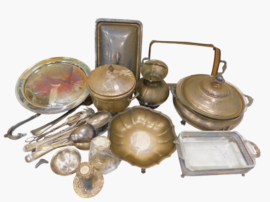 Lot of Metal incl Serving Pieces, Utensils, Candlestick Holders, Brass, Etc (1 of 7)