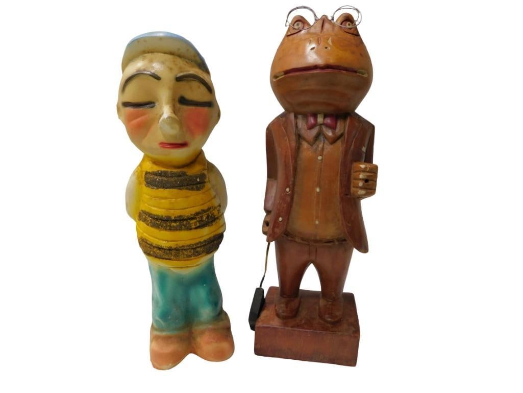 Vintage Quirky Figurines / Statues including Carved Wood Frog with glasses and chalkware man: Vintage Quirky Figurines / Statues including Carved Wood Frog with glasses and chalkware man All pictures are considered part of the description and should be examined carefully by bidders. Live Aucti