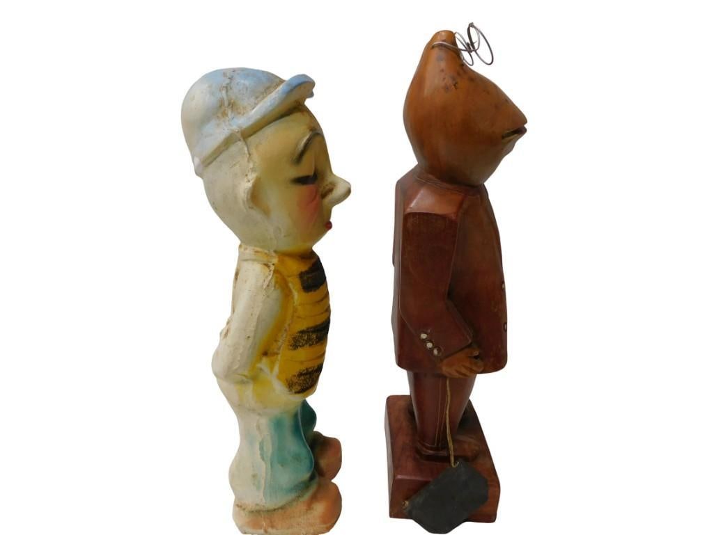 Vintage Quirky Figurines / Statues including Carved Wood Frog with glasses and chalkware man - 4