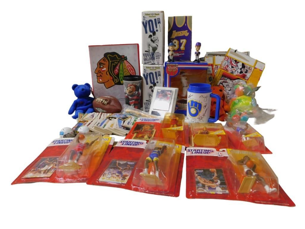 Sports Lot including Starting Lineup Basketball, Milwaukee Brewers, Chicago Blackhawks, Bobble Heads (1 of 14)