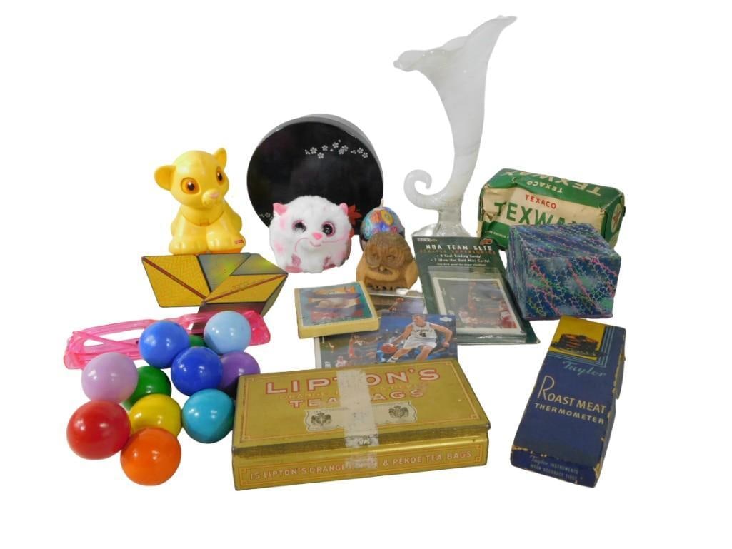 Misc. lot including Art Glass Vase, Toys, Basketball Cards, Vintage Taylor Thermometer, etc: Misc. lot including Art Glass Vase, Toys, Basketball Cards, Vintage Taylor Thermometer, Texaco Texwax, etc All pictures are considered part of the description and should be examined carefully by bidde
