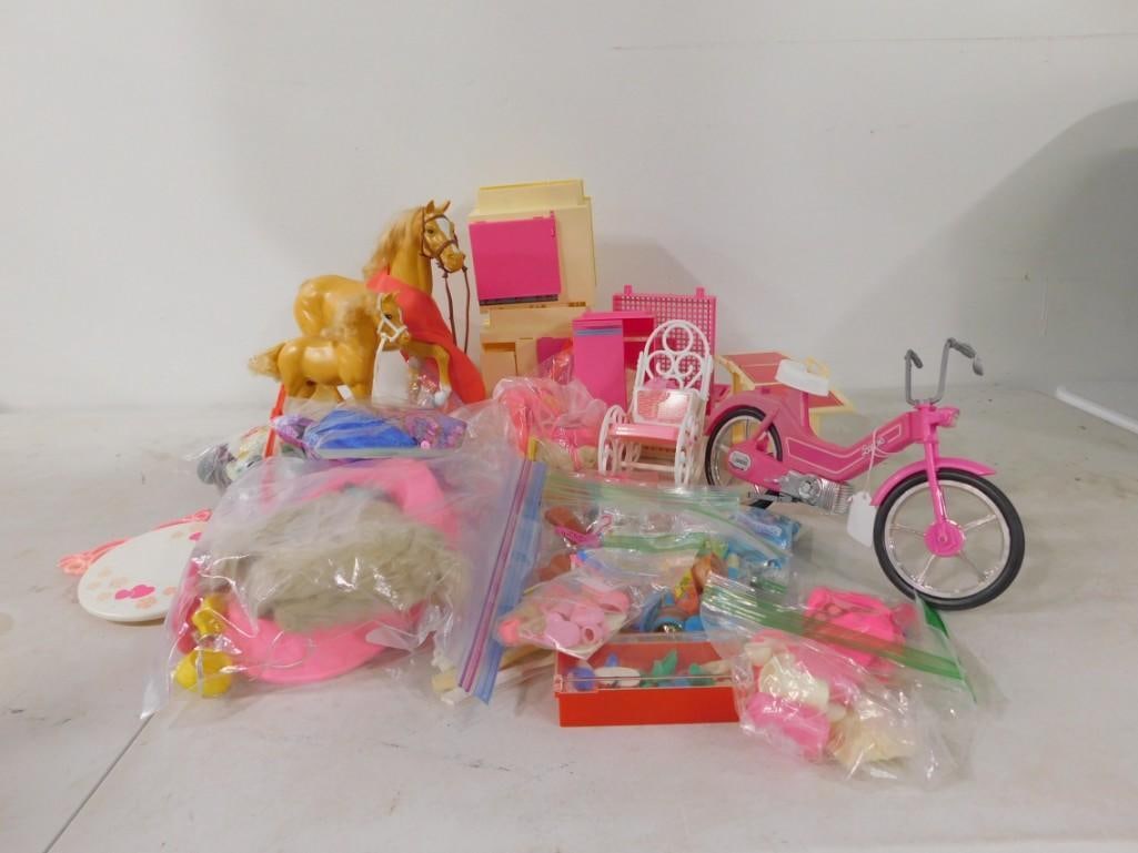 Toy Lot - Mostly Pink, Doll Accessories, Horses, Bicycle, Barbie, etc.: Toy Lot - Mostly Pink, Doll Accessories, Horses, Bicycle, Barbie, etc. All pictures are considered part of the description and should be examined carefully by bidders. Live Auctioneers is now offerin