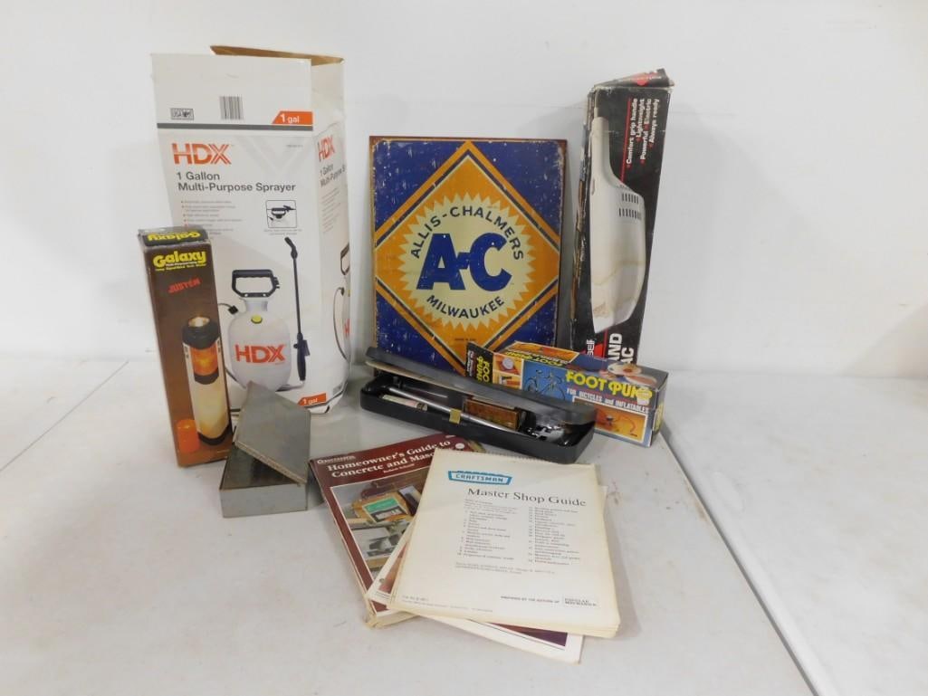 Misc. Lot including Allis Chalmers Advertising Sign, Multi-purpose Sprayer, Air Pump, Tools, Hand Va (1 of 7)